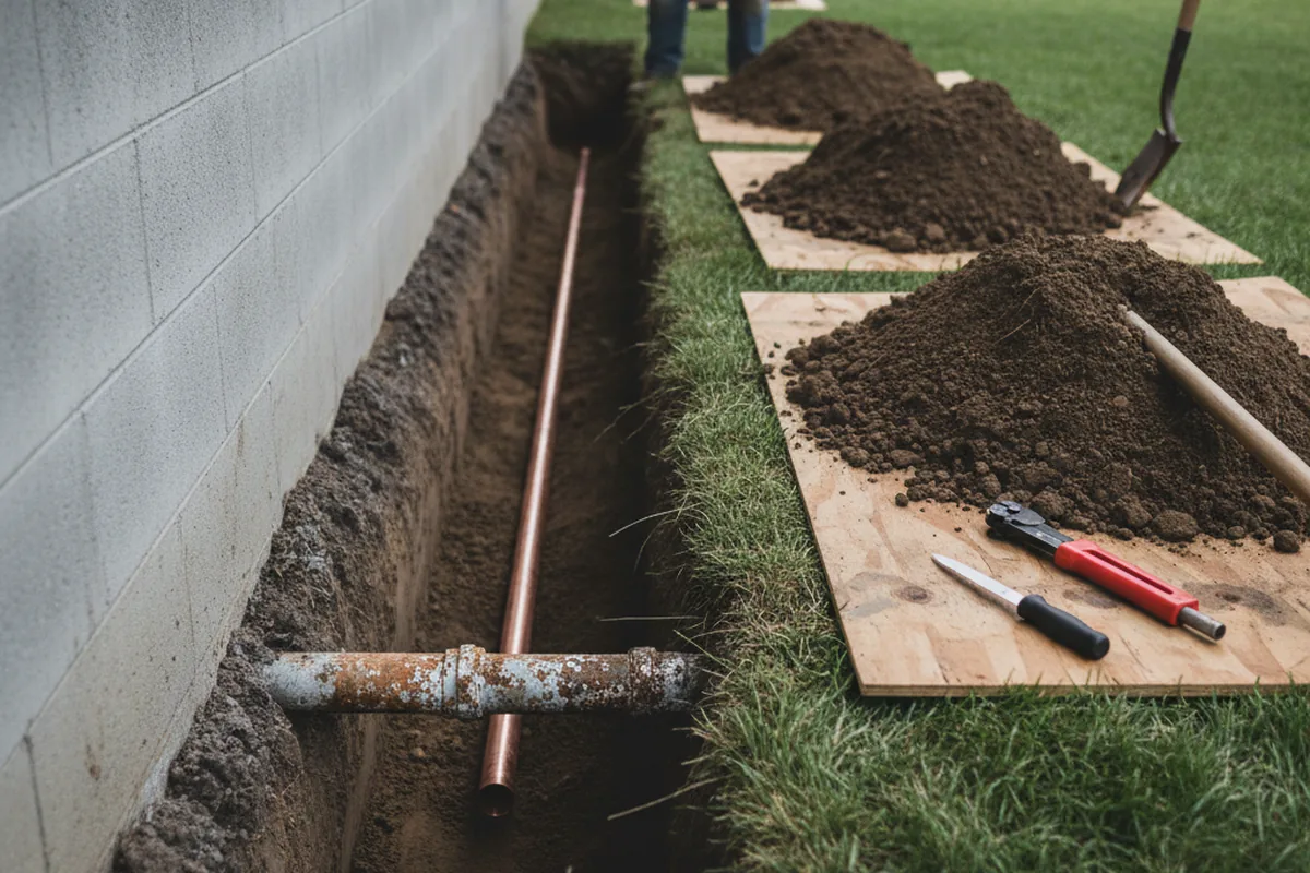 Excavated water line trench during Water Softener Installation in Sandston